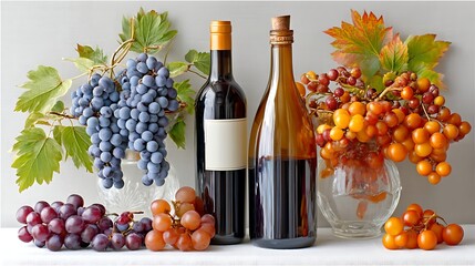 Vintage Still Life of Wine Bottles and Fresh Grapes Arrangement