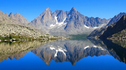 Serene mountain lake reflecting peaks.  Crystal clear water mirroring jagged peaks