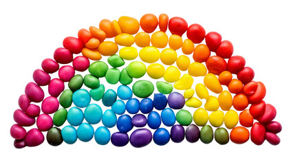 An artistic rainbow design made from a variety of colorful candy pieces, carefully arranged in a semicircular arc pattern, featuring a smooth gradient of colors Png