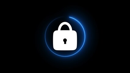 Lock icon white color 4k illustration. Dynamic lock icon neon shiny on black background.