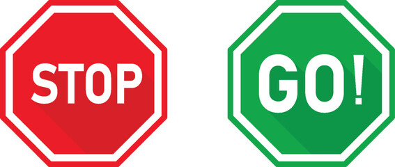 Stop and Go Signs Circular Icons Displaying in Red and Blue with Long Shadow.