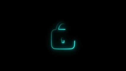 Lock icon neon bright cyan color 4k illustration. Dynamic lock icon neon shiny on black background.