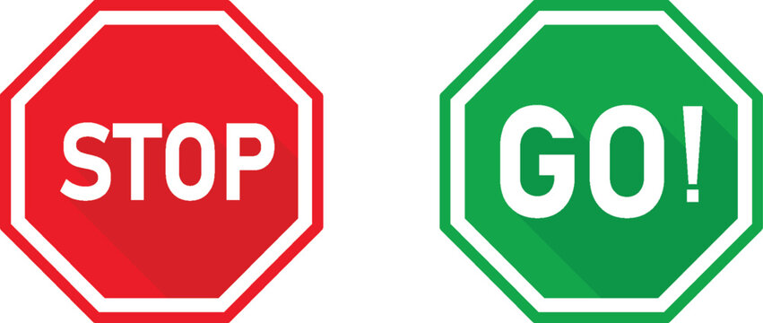 Stop and Go Signs Circular Icons Displaying in Red and Blue with Long Shadow.