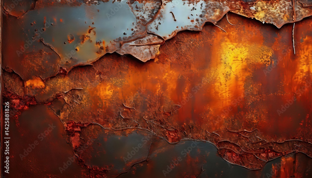 Poster closeup of rust and corrosion on metallic surface a study in decay and texture, emphasizing the grit