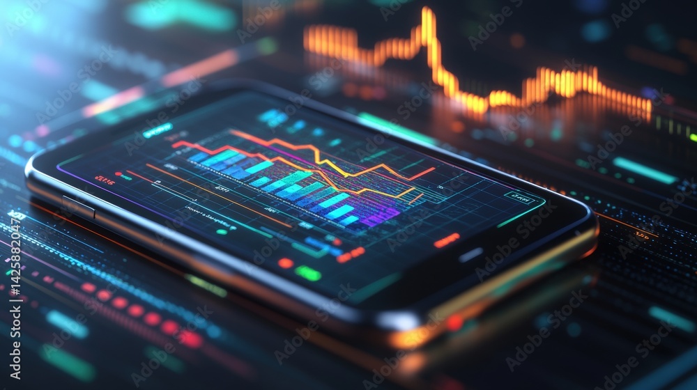 Poster smartphone displaying dynamic stock market graphs and futuristic data visualizations with vibrant te