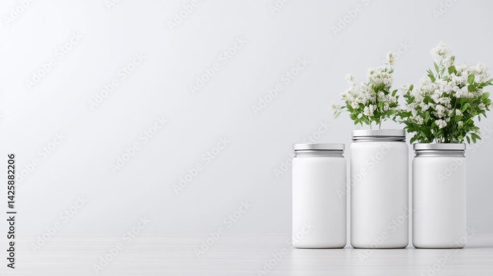 Poster white jars with flowers minimalist clean style high-resolution soft lighting center shot simple desi
