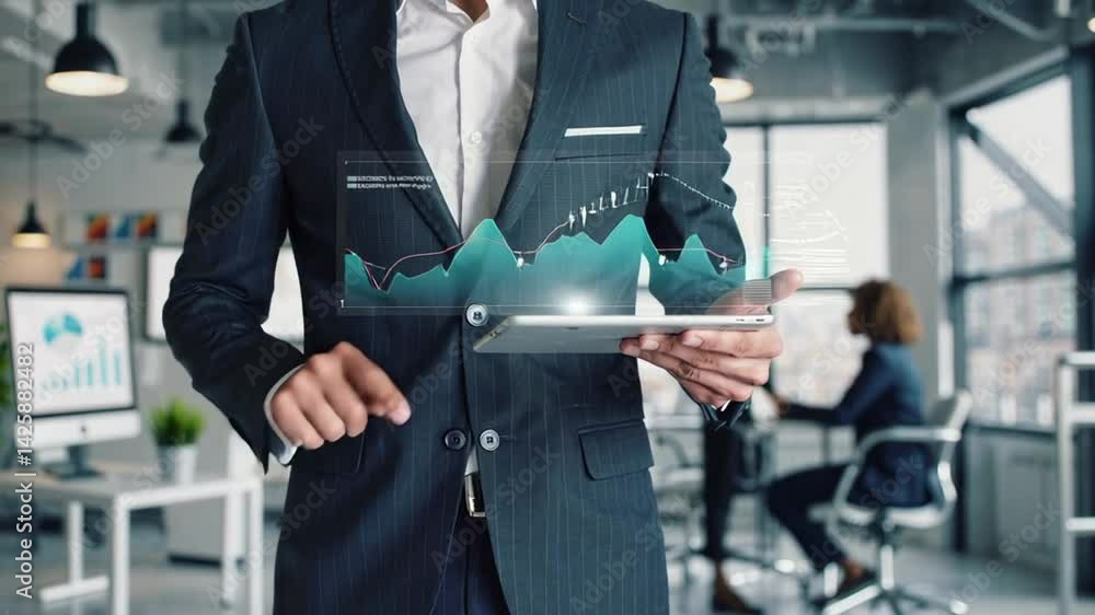 Poster modern office worker interacts with holographic charts and graphs displayed on a tablet, showcasing 