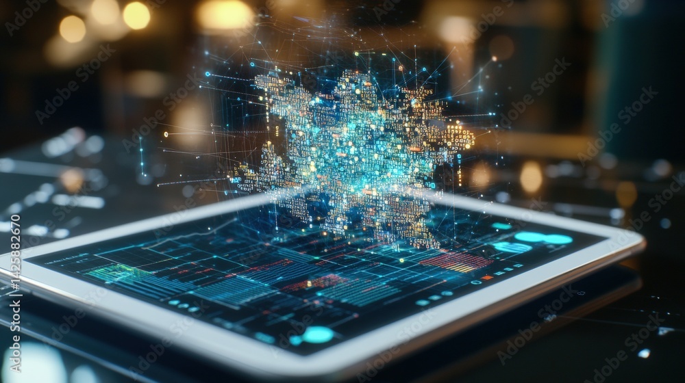Poster futuristic digital map glowing network interconnected nodes above tablet displaying data charts adva