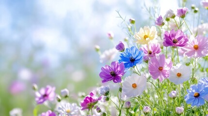 Fototapeta premium Cosmos Flowers Pastel Blooms, Vibrant Spring Style, High-Definition Sunlight, Landscape Wide Shot, Delicate Petals, Blooming Meadow, Sunny Field, Soft Pastel Hues, Perfect for Spring Greetings