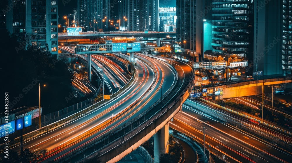 Leinwandbilder a panoramic view of a high-speed expressway interchange, showing multiple lanes and ramps converging