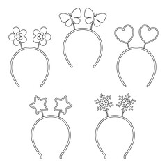 Set of funny headbands for party, birthday. Coloring book with hair accessories. Hair bands with flowers, butterflies, hearts, stars and snowflakes.