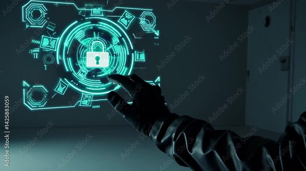Poster High tech gloved hand navigating holographic security interface, interacting with advanced digital system in dimly lit futuristic environment, revealing cutting edge cybersecurity technology