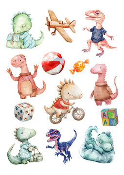 Kid dinosaur, adorable cute sticker sheet with toy in colorful water color style, transparent