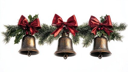 Three Antique Christmas Bells with Holly and Bows