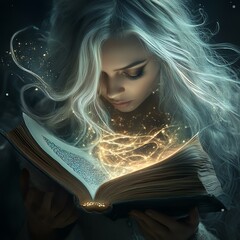 A mystical woman reading a glowing book, surrounded by ethereal light and magic.