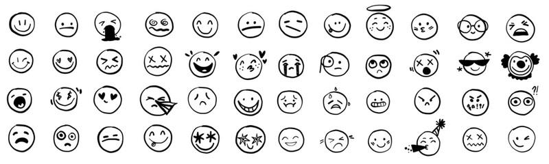 Smile doodle faces in hand drawn vector doodle sketchy style. Happy, sad, crying emotional scribbles, icon comic elements for business design.