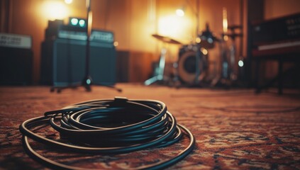 Obraz premium Studio Cable on Carpet, Music Equipment in Background