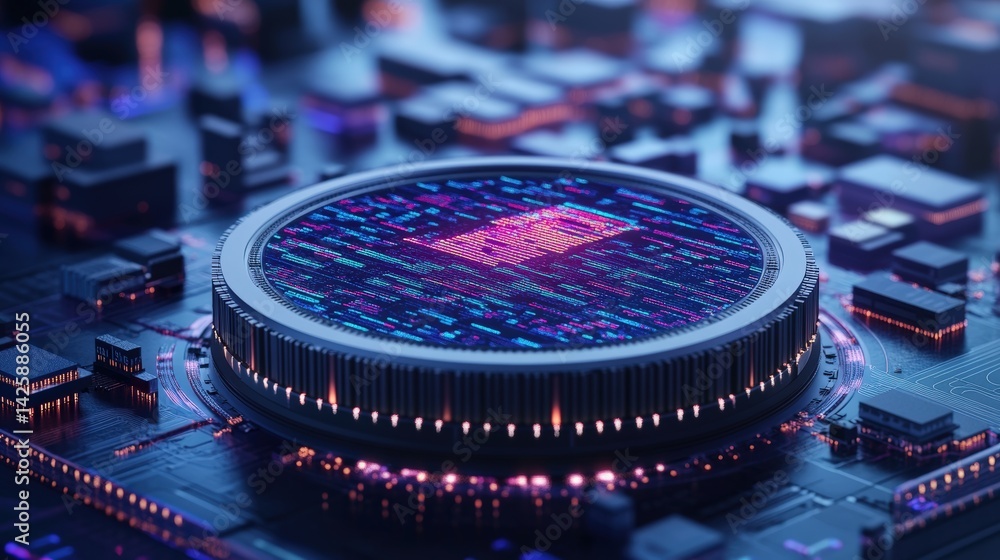 Poster close-up view of an intricate computer chip designed like a stadium, featu luminous circuitry integr