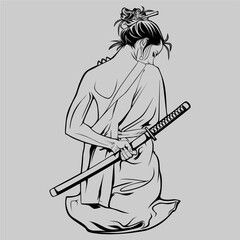 samurai girl vector illustration in black and white color
