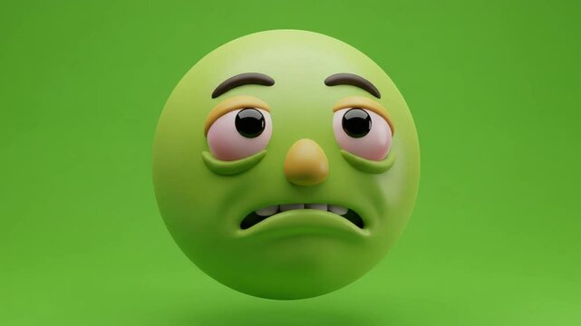 Sick Green Emoji 3D Render:  A digital illustration of a 3D rendered green emoji exhibiting symptoms of illness, such as tired eyes, a runny nose, and a generally unwell appearance.