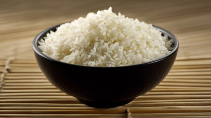 bowl of fluffy white rice on bamboo mat