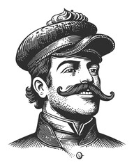 Vintage Hand-Drawn Illustration of a Mustachioed Man with Cap