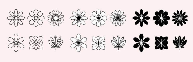 Set of flower icons. Universal black and white flower icons for design and logos. Excellent templates for greenhouses, web, printing, postcards.