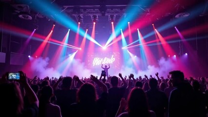 Energetic Concert Crowd Enjoying Live Music Performance under Vivid Stage Lighting