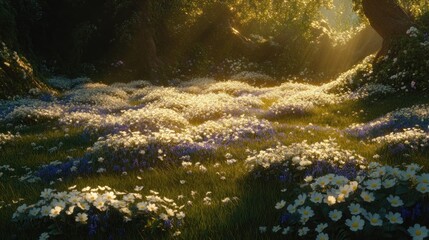 Enchanted Forest Meadow: A Sunlit Floral Paradise