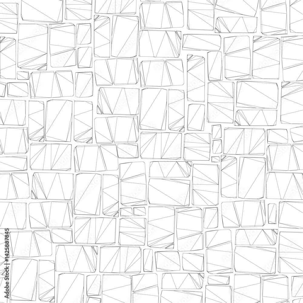 Poster a black and white image of a wall with many small squares. the squares are all different sizes and a