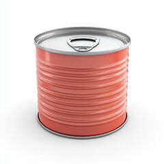 Coral-colored metal food can, isolated on white.