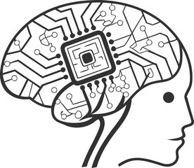 Brain icon, Al chip, neural network, digital mind, black and white illustration, simple design, technology concept, artificial intelligence symbol vector illustration 