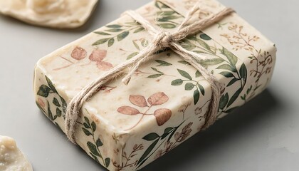 Luxury soap bar mockup wrapped in handcrafted paper with botanical patterns and twine artisanal skincare branding eco-friendly packaging