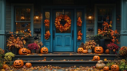 Obraz premium Spooky Halloween porch decorated with pumpkins and fall leaves