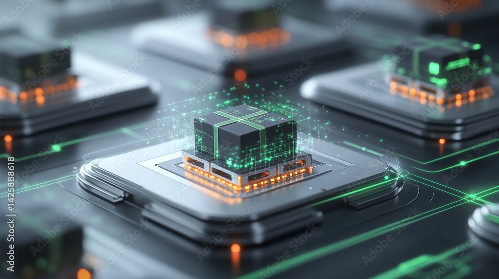 Poster close-up view of a 3d rende showcasing a black package sitting on a computer processor surrounded by
