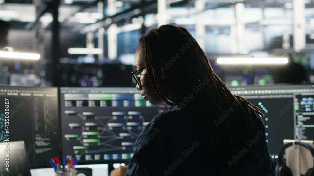 Poster server farm software developer interprets ai generated data analytics graphs. data center specialist