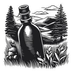 Fototapeta premium Hand-Drawn Illustration of a Bottle Surrounded by Nature and Mountains