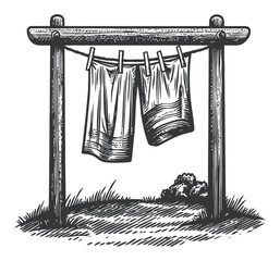 Vintage Hand-Drawn Illustration of Clothes Hanging on a Line