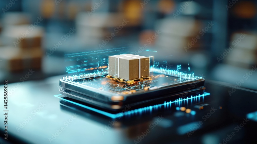 Poster close-up of two stacked cardboard boxes on a futuristic tech platform displaying holographic data vi