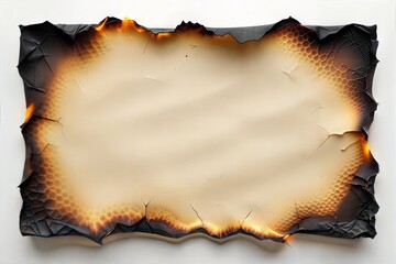A close-up of burnt paper with scorched edges, featuring cracked and honeycomb textures, creating a dramatic effect with a contrast of fire and smooth, light paper