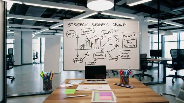 Empty modern office with a whiteboard showing a strategic business growth plan, including expansion, innovation, and market analysis, with a laptop and stationery on the table