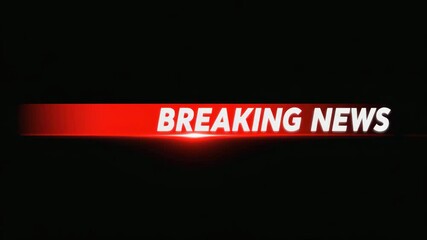 Breaking news alert banner scrolling across screen, dynamic red headline text against black background for media broadcast announcement