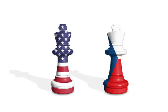 Chess made from USA and Czechia flags. Trade, duty, customs and tariffs war - Powered by Adobe