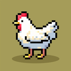 Pixel art of chicken character, vector.