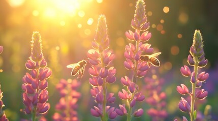Obraz premium A swarm of bees forming a bridge between flowers, bathed in golden light. Nature's delicate harmony in motion.