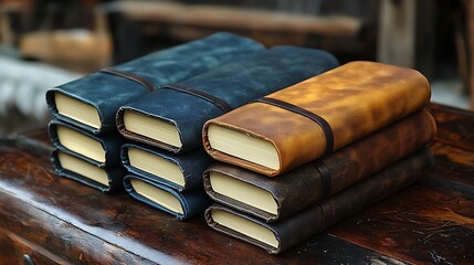 A collection of handcrafted leather journals stacked on a rustic wooden surface in a cozy workshop