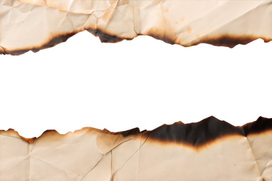 A piece of burned paper with torn edges, showing intricate wrinkles and a darkened blackened burn area, ideal for vintage, grunge, and textured backgrounds.