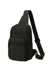 Black compact crossbody sling bag with multiple zippered pockets and adjustable strap, isolated on transparent background, ideal for travel, urban commuting, and daily use