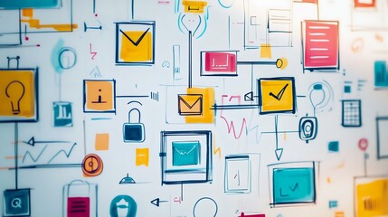 Colorful digital interface design featuring icons and symbols representing communication, technology, and data management concepts.