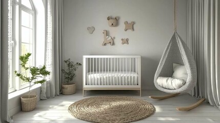 A serene nursery with soft colors, featuring a crib, a swing chair, and adorable wooden animal decorations on the wall.